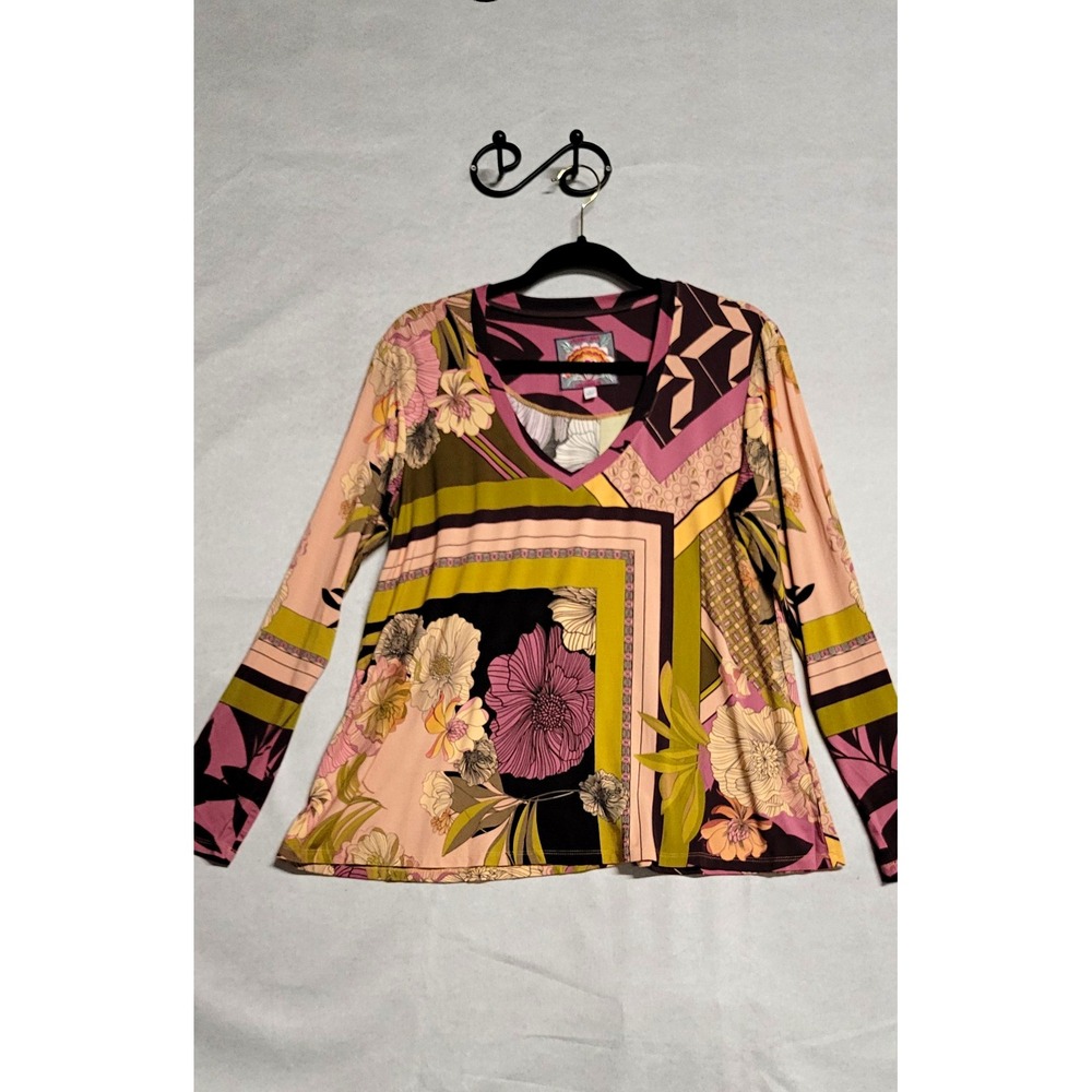 Johnny Was Multicolor Floral Embroidered Knit V-Neck LS Pullover Top Size S